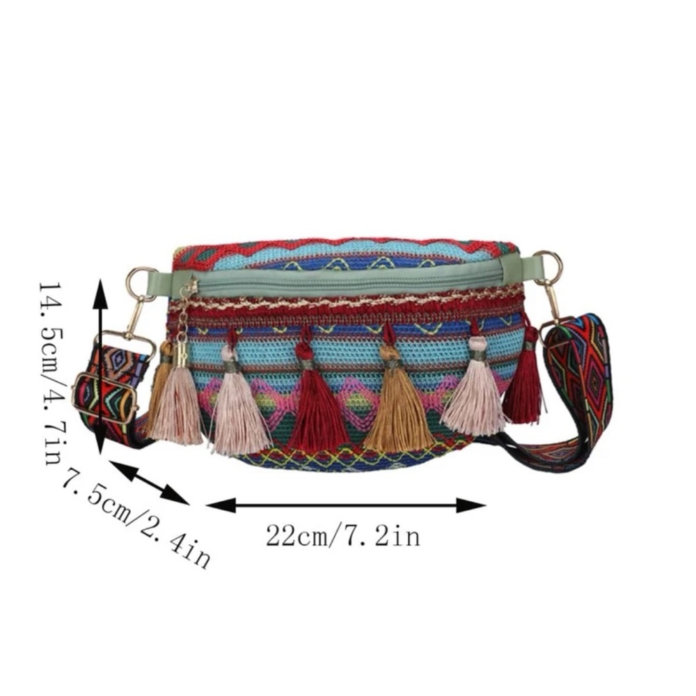Boho Embroidered Fanny Pack Style Crossbody Bag with Tassels - Picture 12 of 16